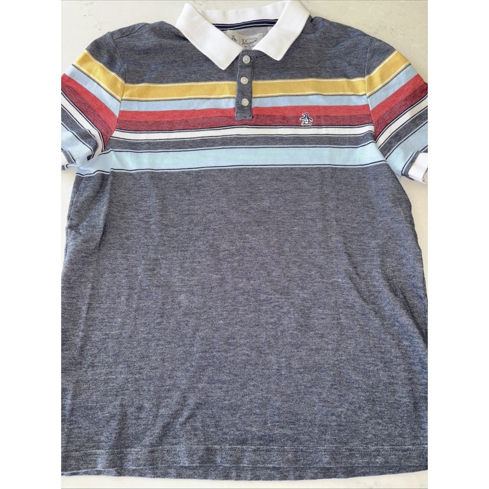 Penguin Polo Youth Large Blue Striped Multicolor Collared‎ Shirt
